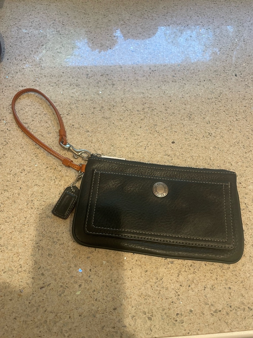 Coach Black Leather Wristlet with Tan Strap